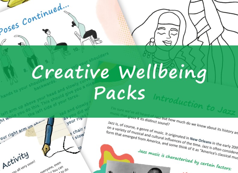 Various pages from Creative Wellbeing Packs which show the range of activities: from listening to jazz to chair yoga