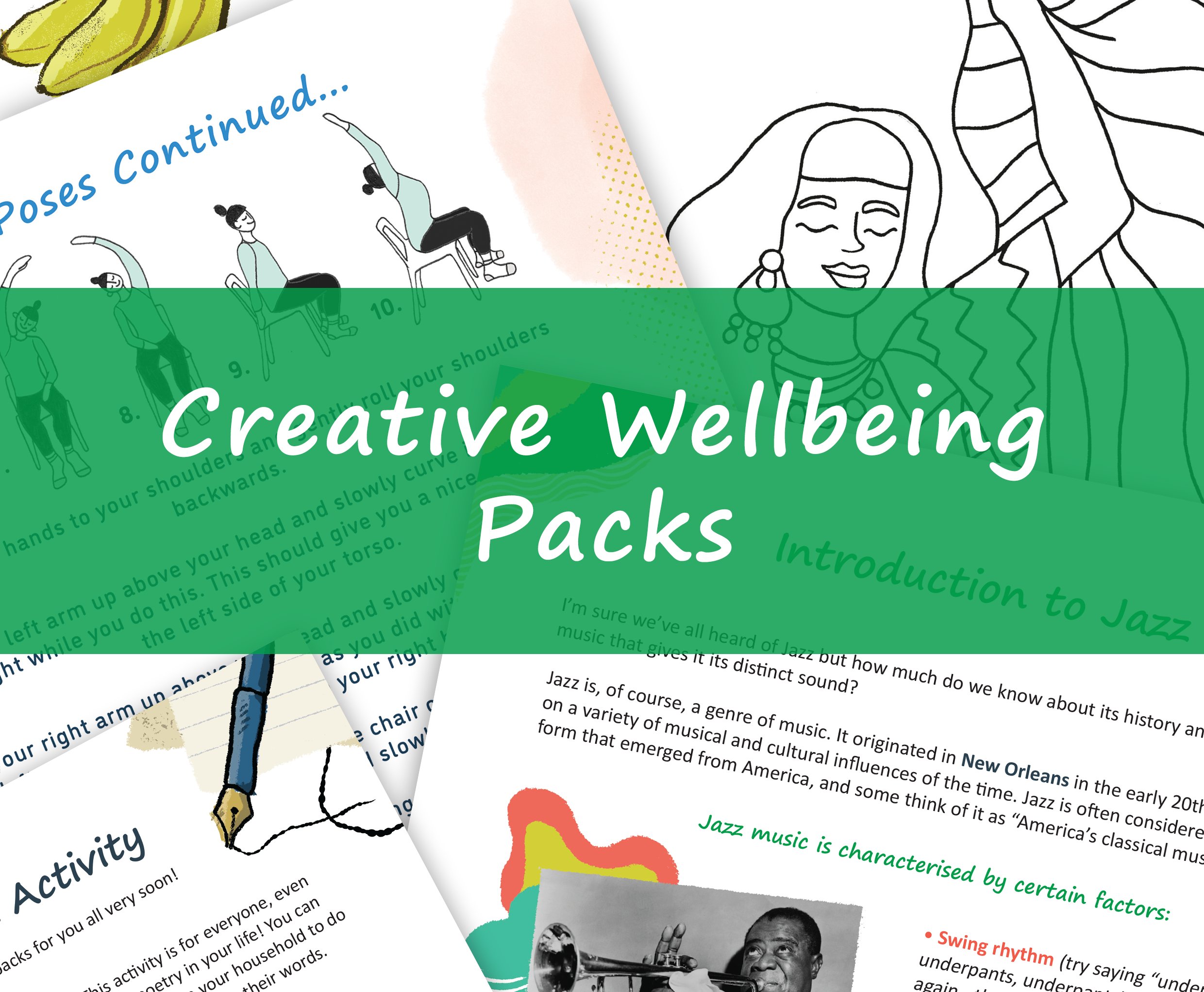 Various pages from Creative Wellbeing Packs which show the range of activities: from listening to jazz to chair yoga