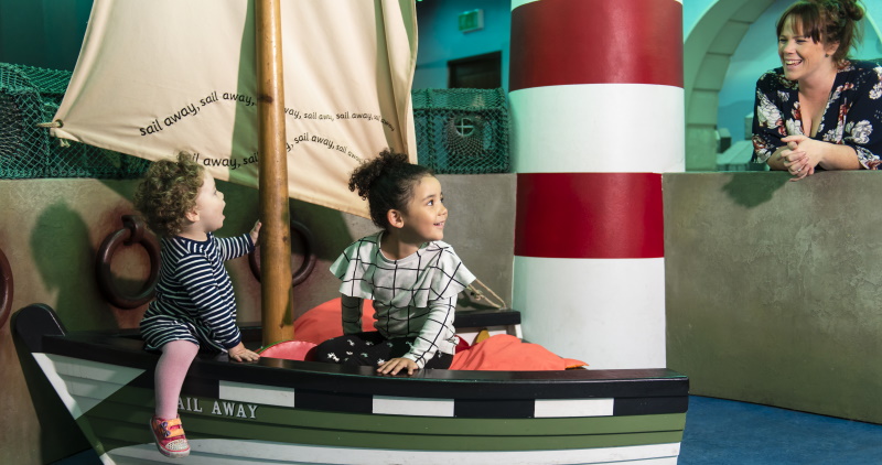 two children in a boat in the museum